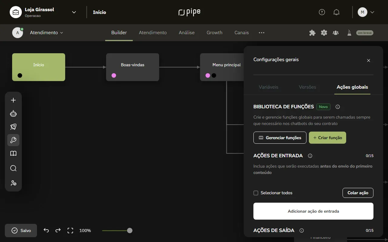 Aba Ações globais da Configuração do Builder, com a Biblioteca de funções e as ações de entrada