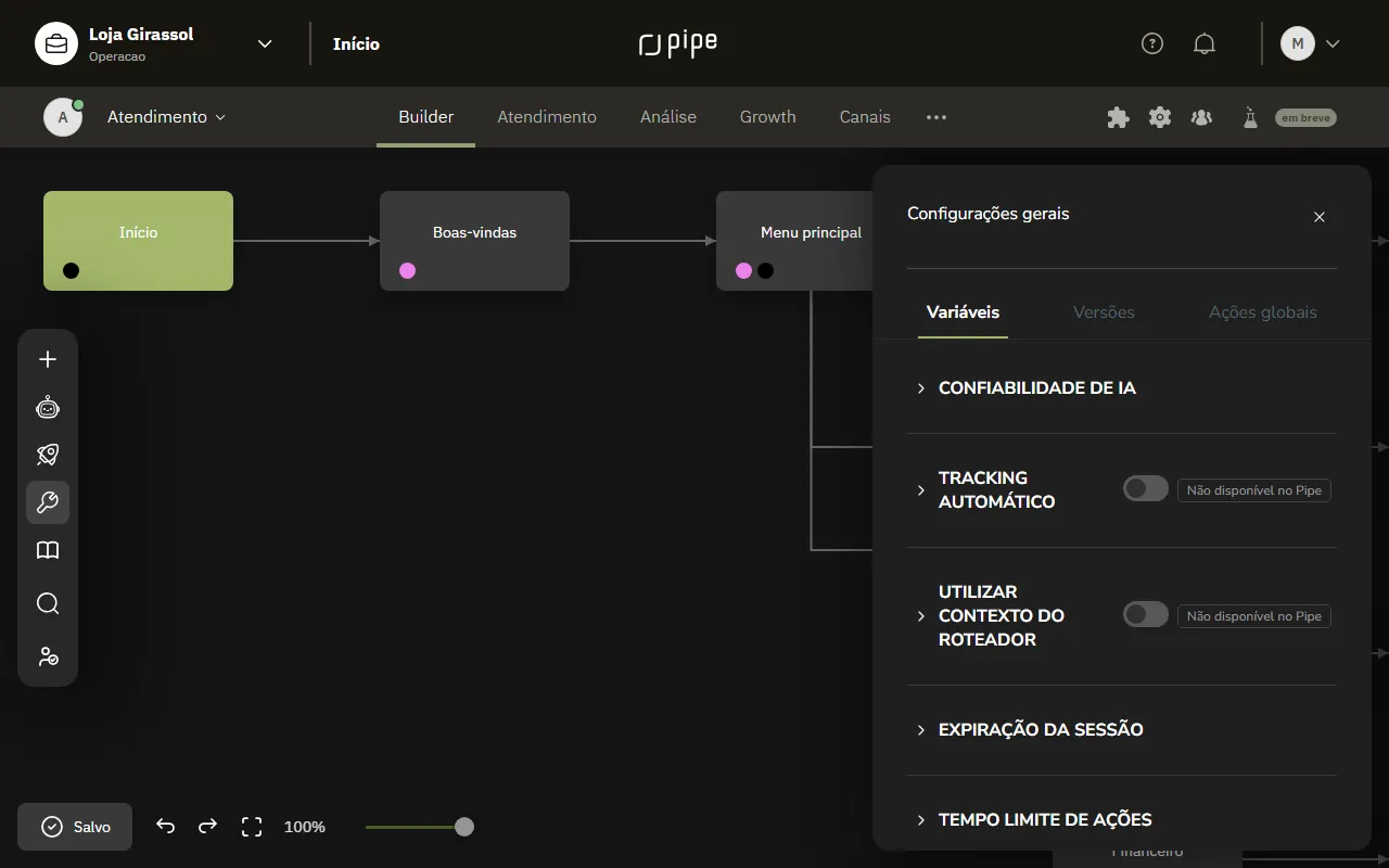 Aba Variáveis da Configuração do Builder