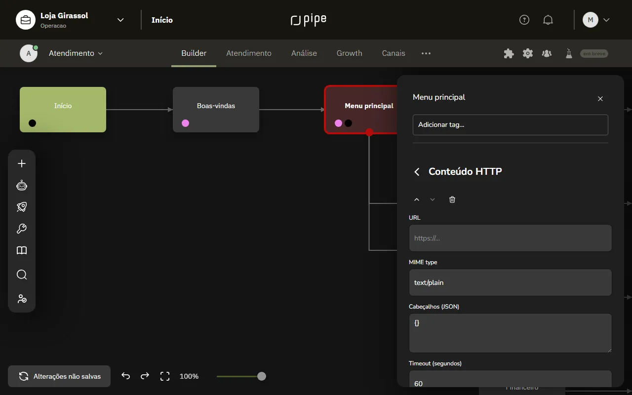 Cartão Conteúdo HTTP com URL, MIME type, cabeçalhos e timeout