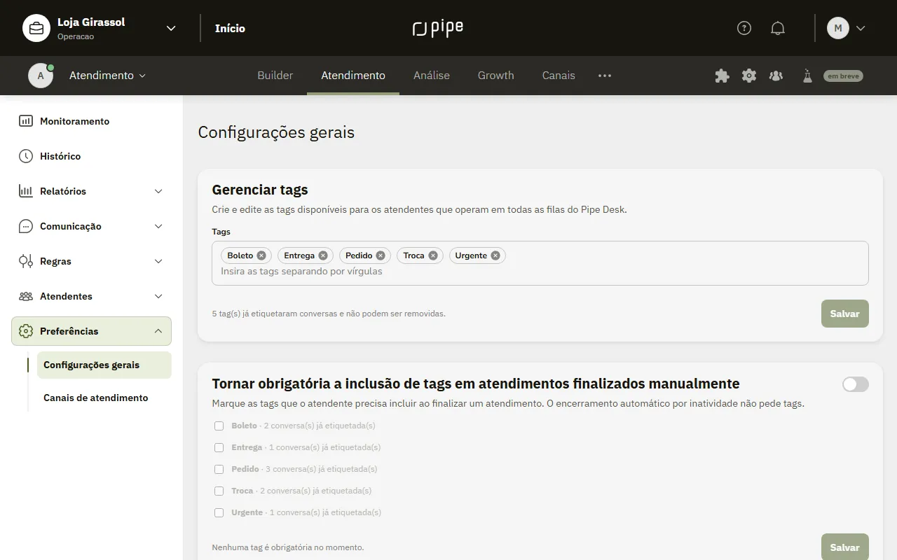 Tela Configurações gerais com o cartão Gerenciar tags