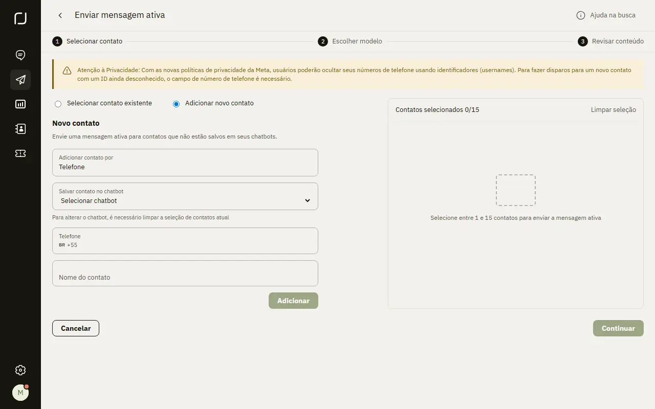 Primeira etapa do envio ativo no Desk de demonstração