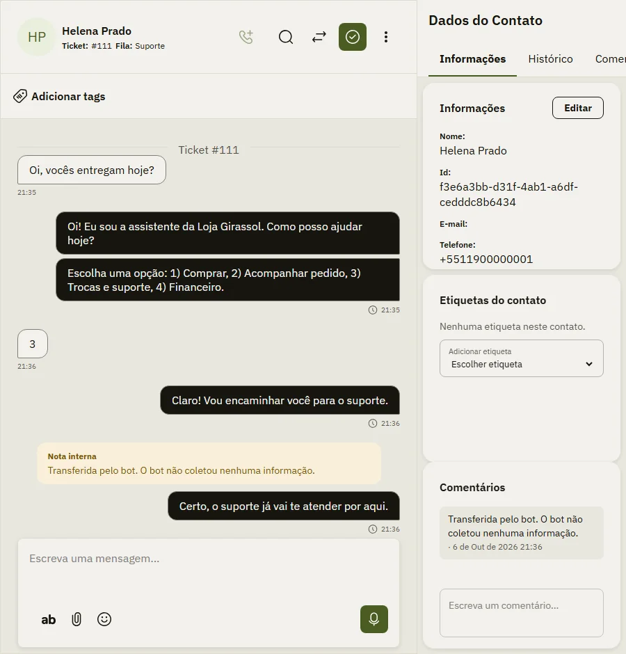 Conversa do WhatsApp aberta no Desk, com a mensagem do cliente e o histórico do bot