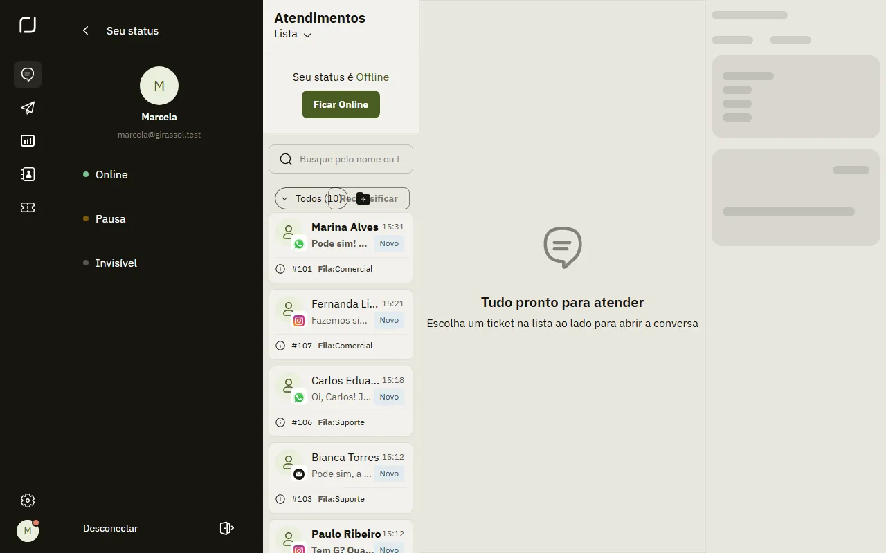 Painel Seu status aberto no Desk, com as opções Online, Pausa e Invisível