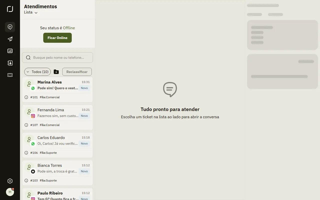 Lista de atendimentos no Desk da empresa de demonstração