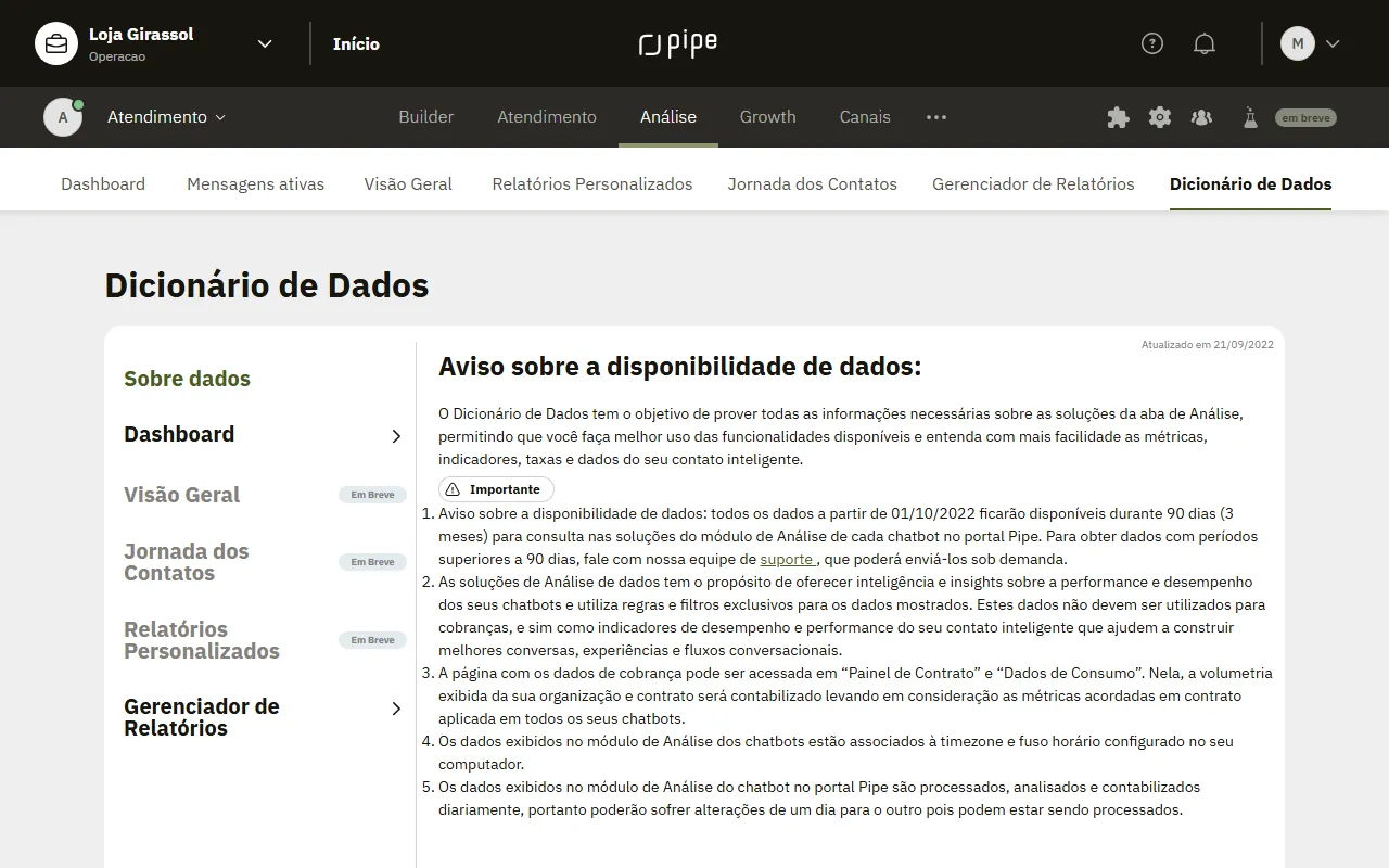 Tela Dicionário de Dados com o menu Sobre dados