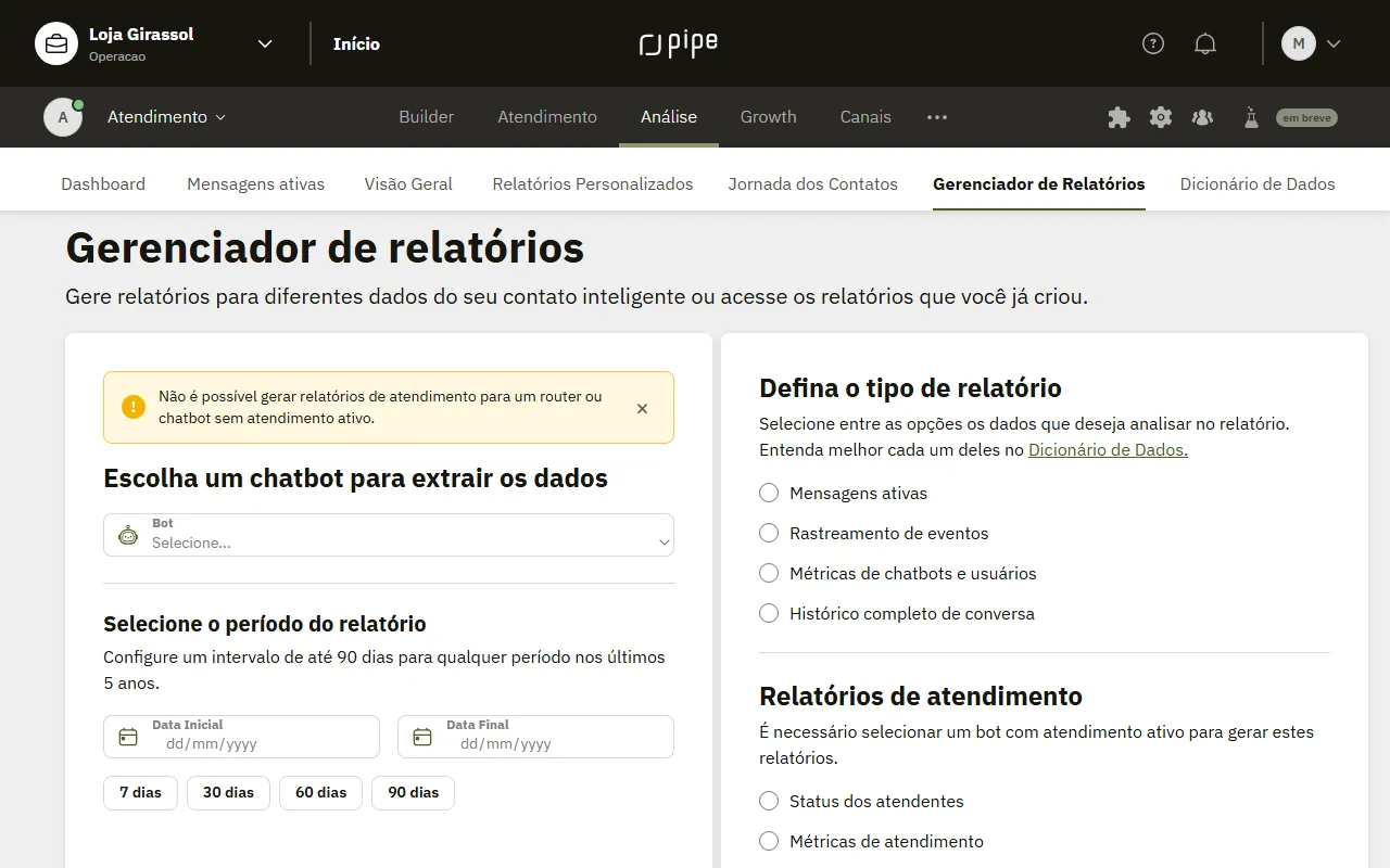 Tela Gerenciador de relatórios com o tipo de relatório e o período