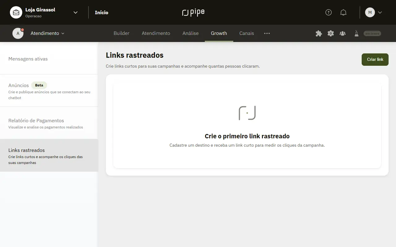 Página de links rastreados no Growth