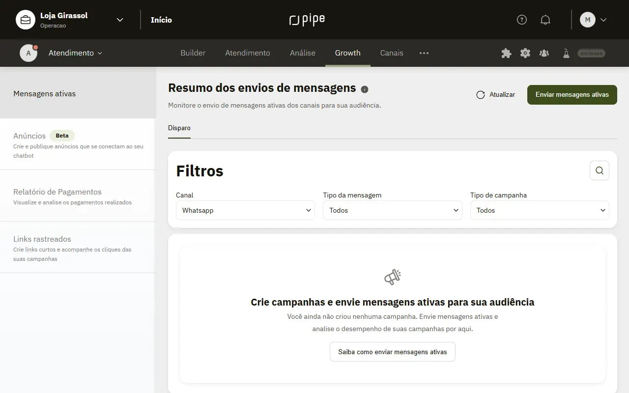 Página de mensagens ativas no Growth