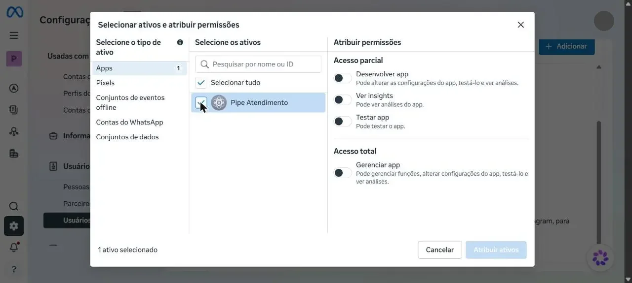 Atribuição do app ao usuário do sistema com acesso total
