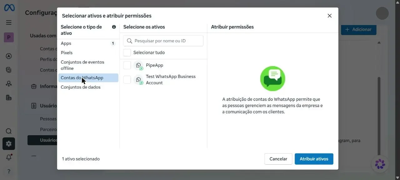 Seleção da conta do WhatsApp Business, e não da conta de teste