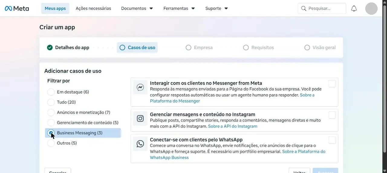 Lista de casos de uso com a opção Conectar-se com clientes pelo WhatsApp