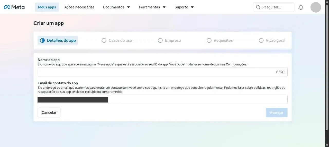 Primeira tela da criação de um app na Meta, com os campos Nome do app e Email de contato