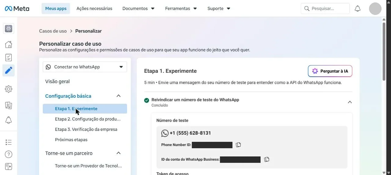 Etapa 1 do caso de uso, com o número de teste da Meta e os identificadores ocultos
