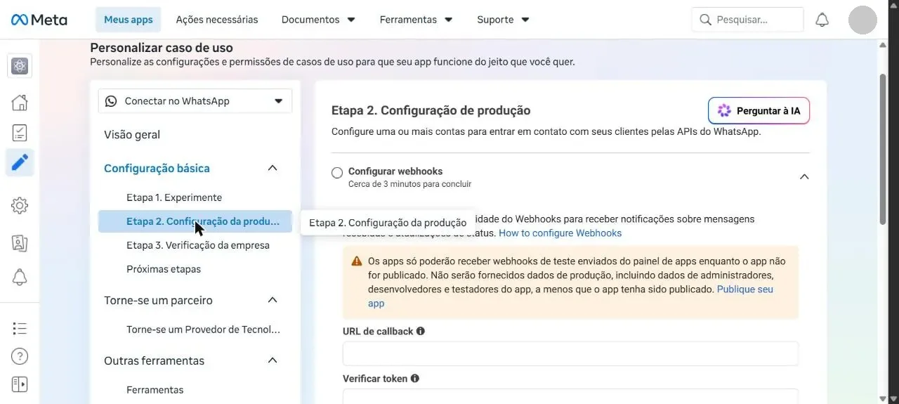 Seção Configurar webhooks da Meta, onde a URL de callback e o token de verificação são colados