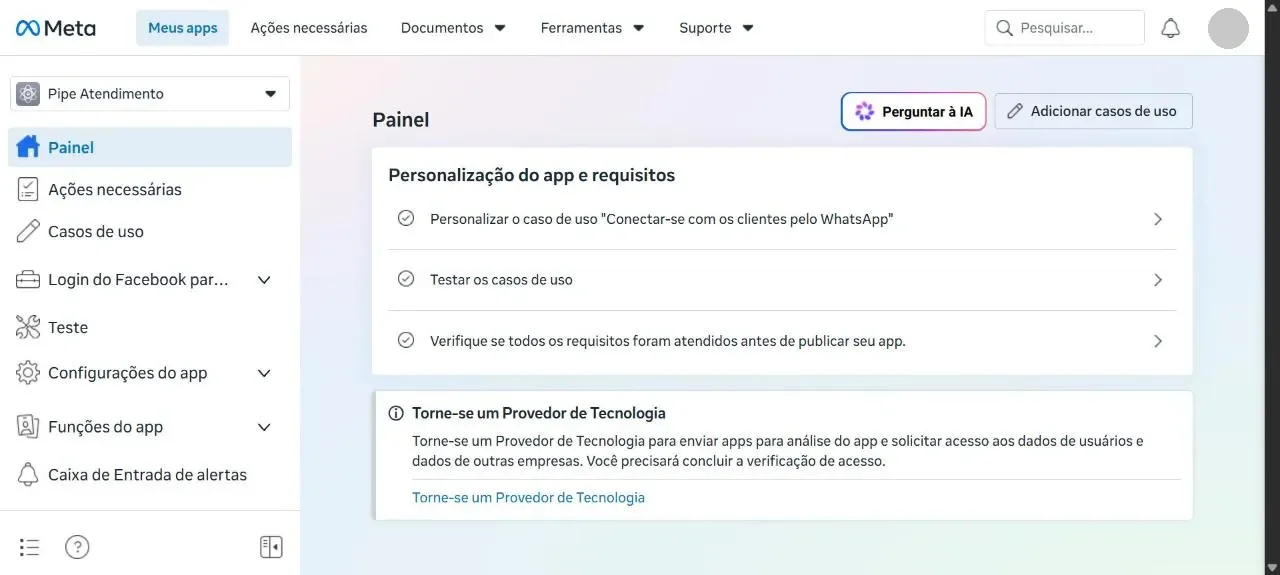 Painel do app recém-criado, com a opção de personalizar o caso de uso do WhatsApp