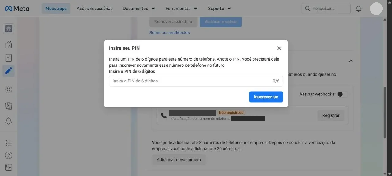 Janela que pede o PIN de 6 dígitos do número