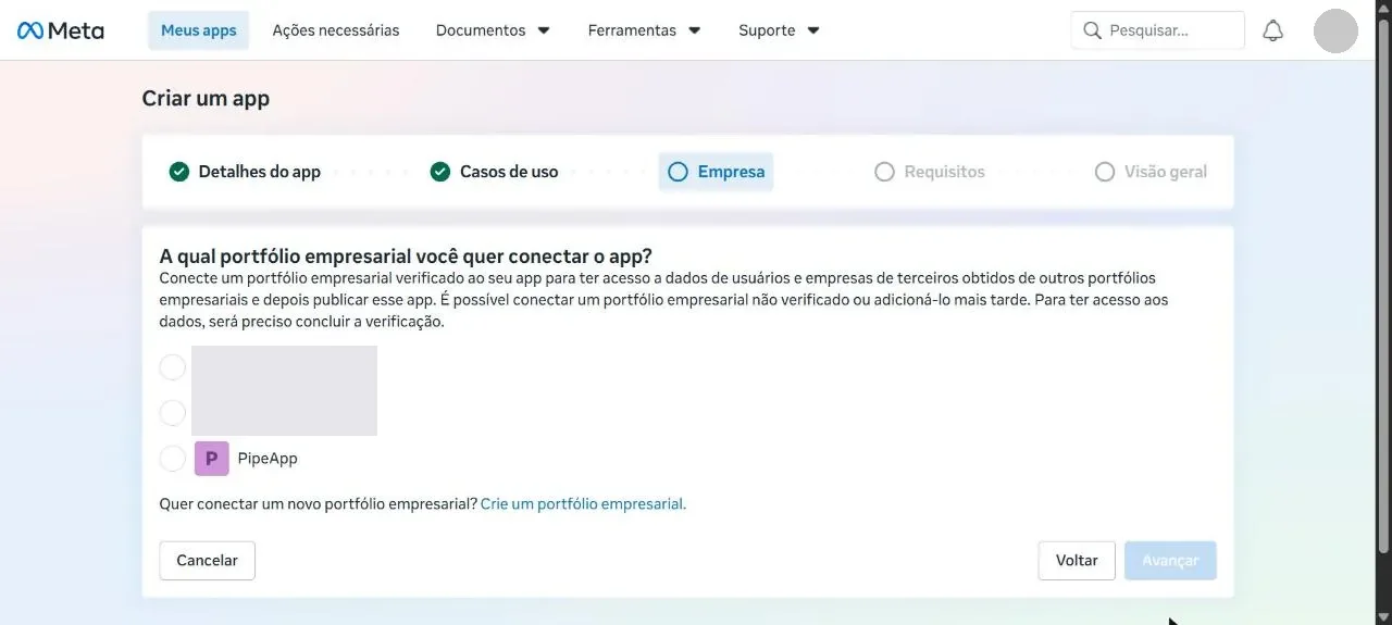 Escolha do portfólio empresarial ao qual o app será conectado