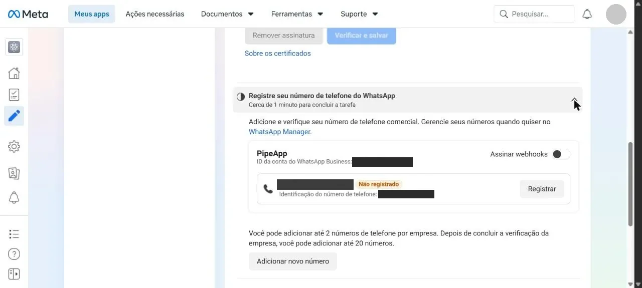 Cartão da conta do WhatsApp Business com o número como Não registrado e o botão Registrar