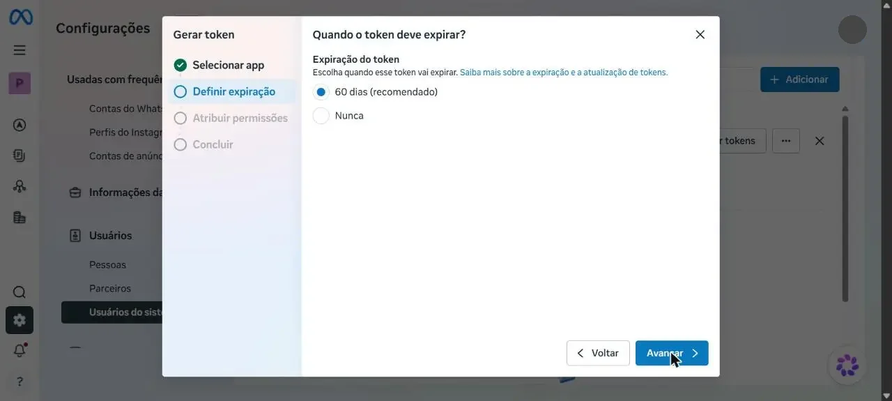 Etapa de expiração do token, com a opção Nunca