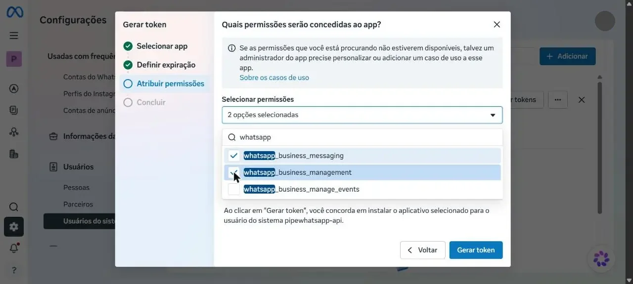 Seleção das permissões whatsapp_business_messaging e whatsapp_business_management