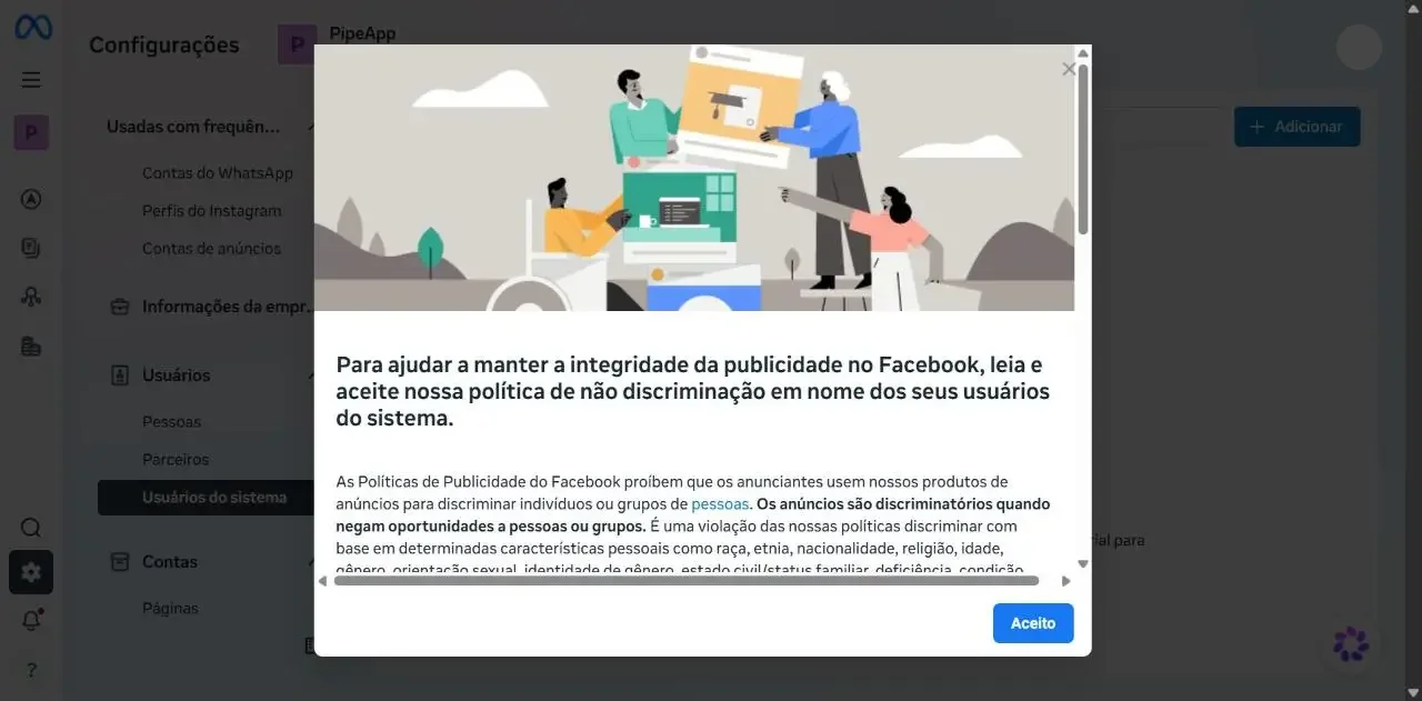 Aviso de política exibido na primeira criação de um usuário do sistema