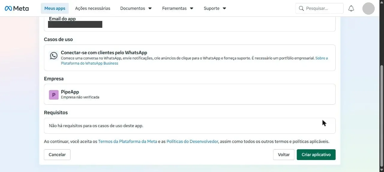 Revisão final antes de criar o aplicativo