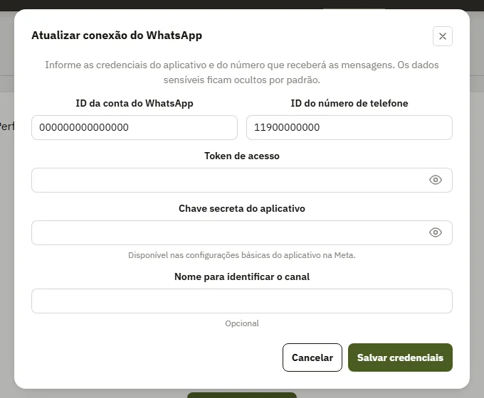 Janela Atualizar conexão do WhatsApp, com os identificadores preenchidos e o botão Salvar credenciais