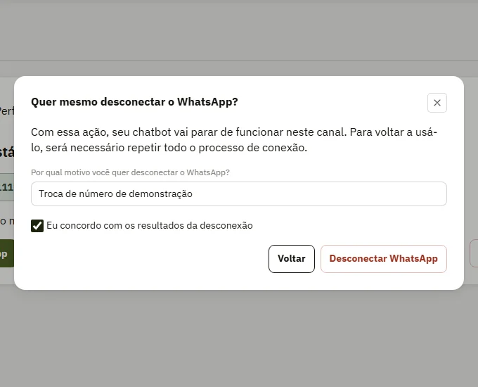 Janela de confirmação para desconectar o WhatsApp