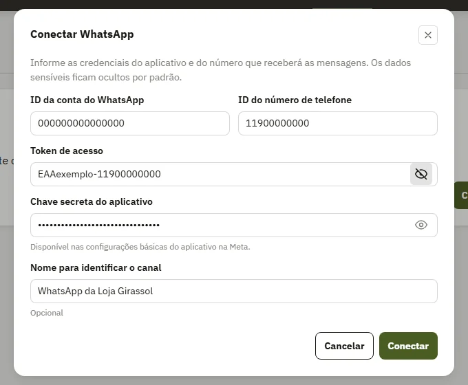 Janela Conectar WhatsApp com os campos preenchidos com valores de exemplo