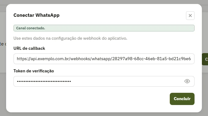 Janela com a URL de callback e o token de verificação do canal