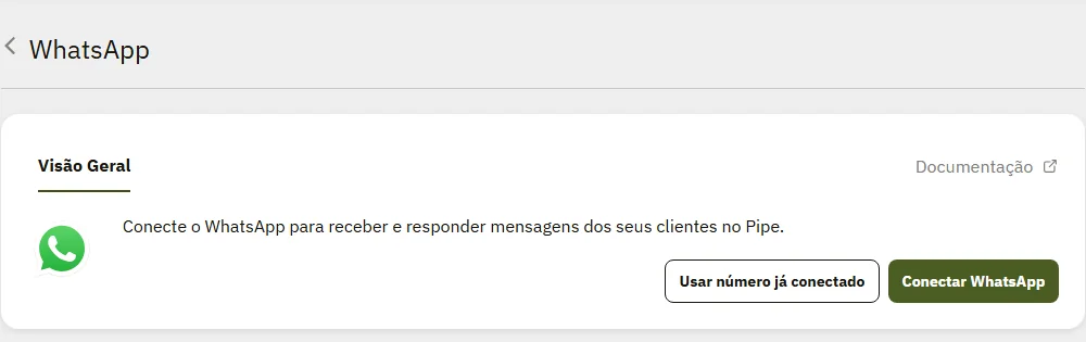 Página do canal WhatsApp antes da conexão, com o botão Conectar WhatsApp