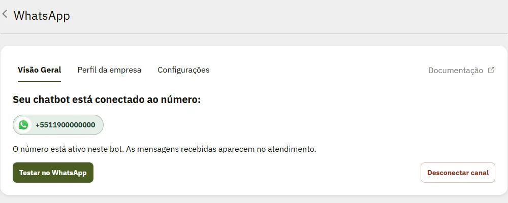 Canal WhatsApp conectado, com o número ativo e o botão Testar no WhatsApp