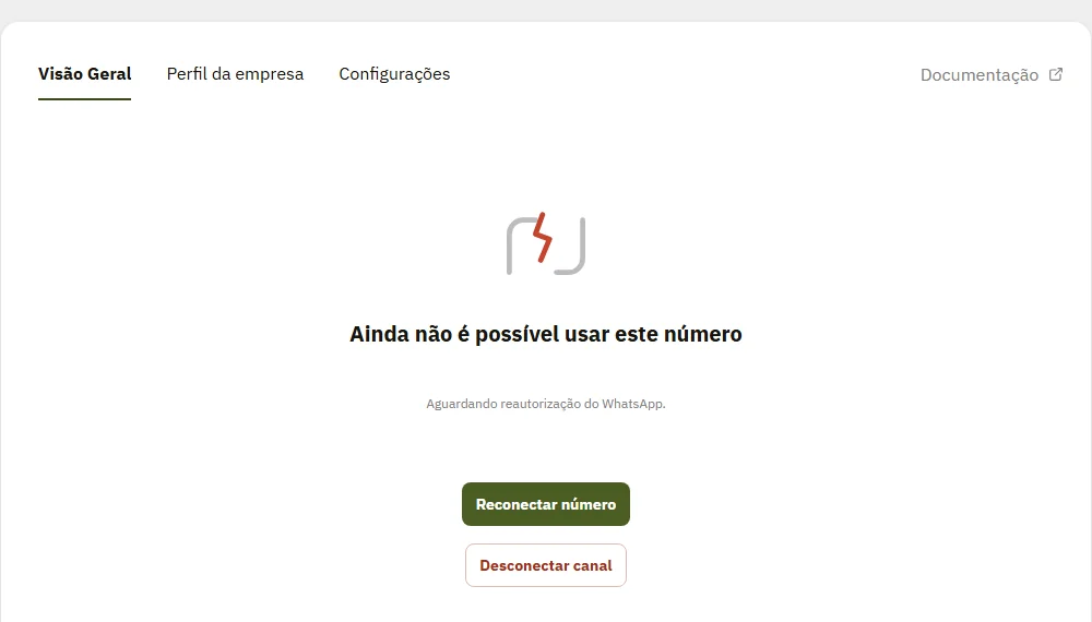 Aviso de que o número aguarda reautorização, com os botões Reconectar número e Desconectar canal