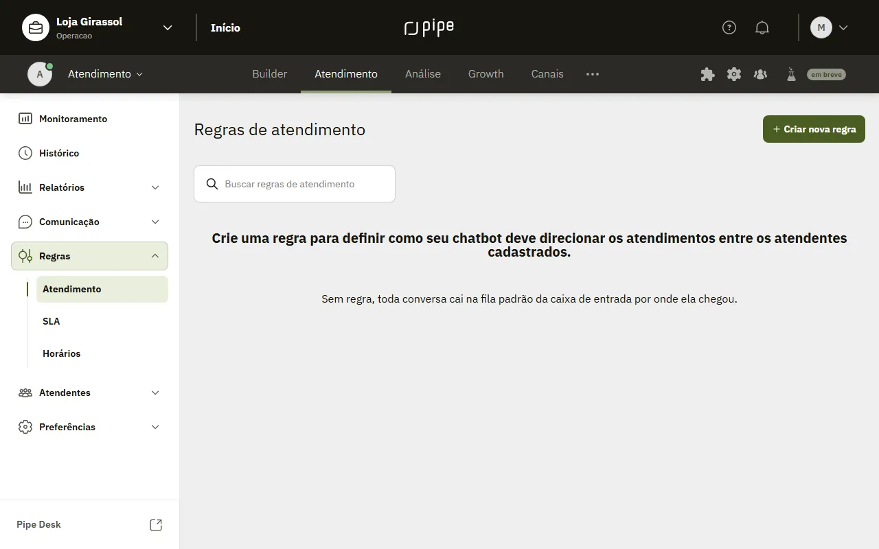 Tela Regras de atendimento sem regras cadastradas, com o botão Criar nova regra