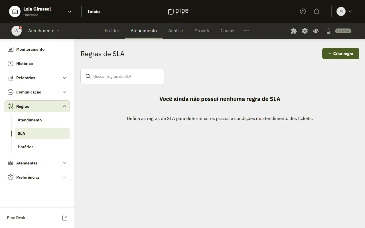 Página Regras de SLA na Gestão