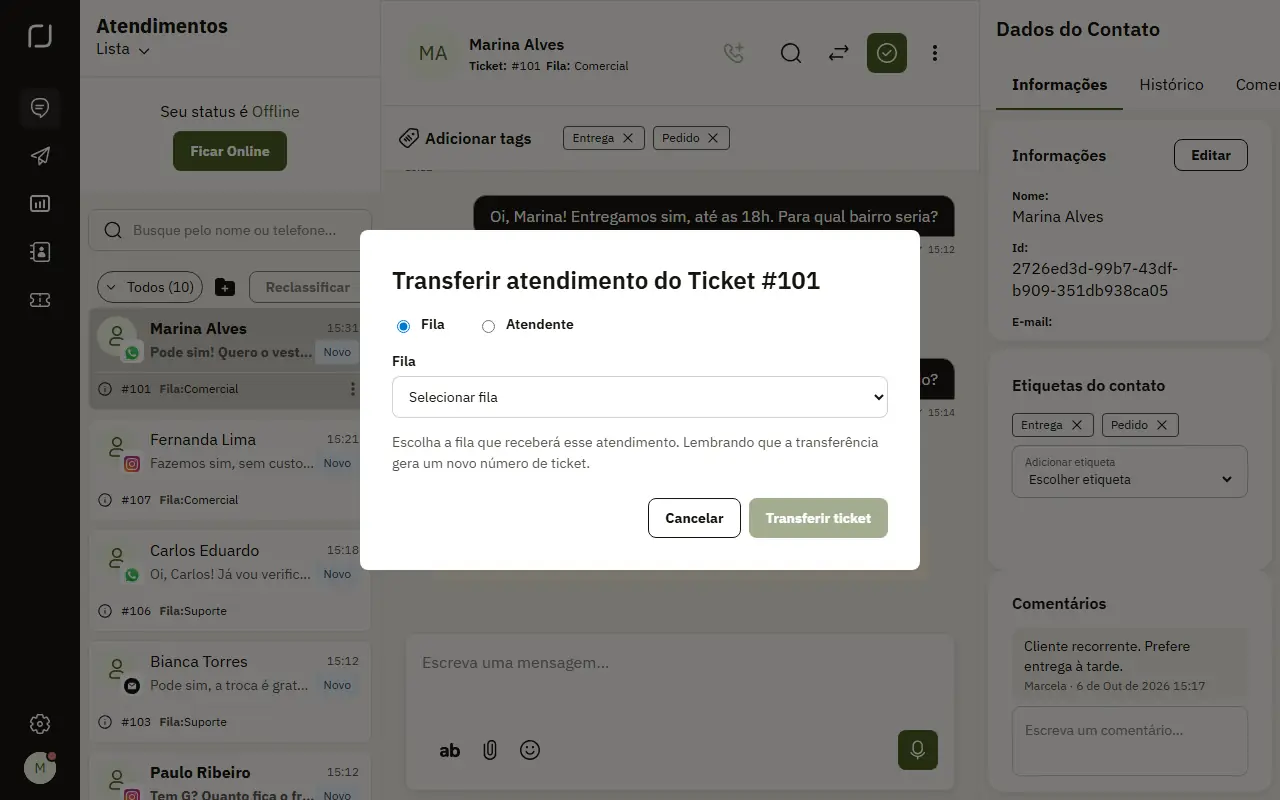 Janela de transferência de um ticket de demonstração
